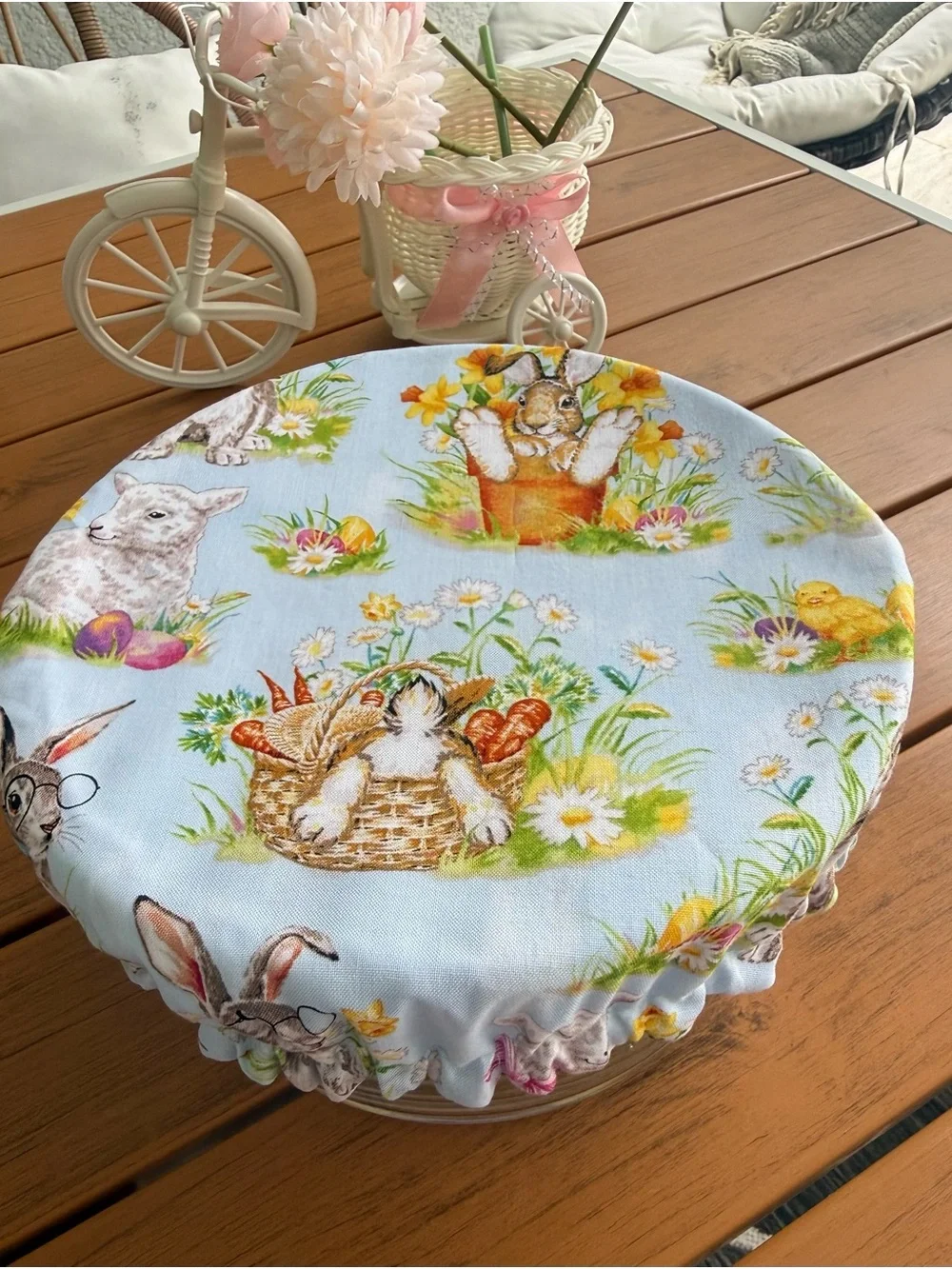 Reusable Light Blue Fabric Bowl Cover with Spring Animal Print